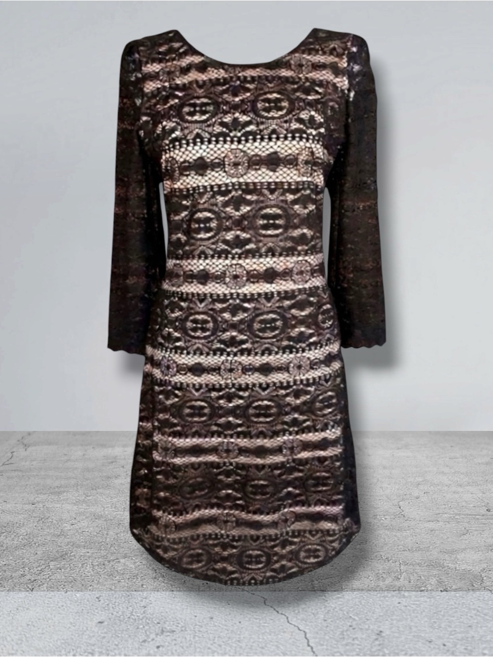 Xhilaration Dress Black Nude Sheath Lace Overlay Lace 3/4 Sleeve Y2K Cocktail M